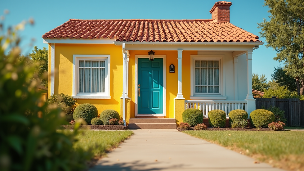 Eye-level view of a freshly painted house exterior with vibrant colors