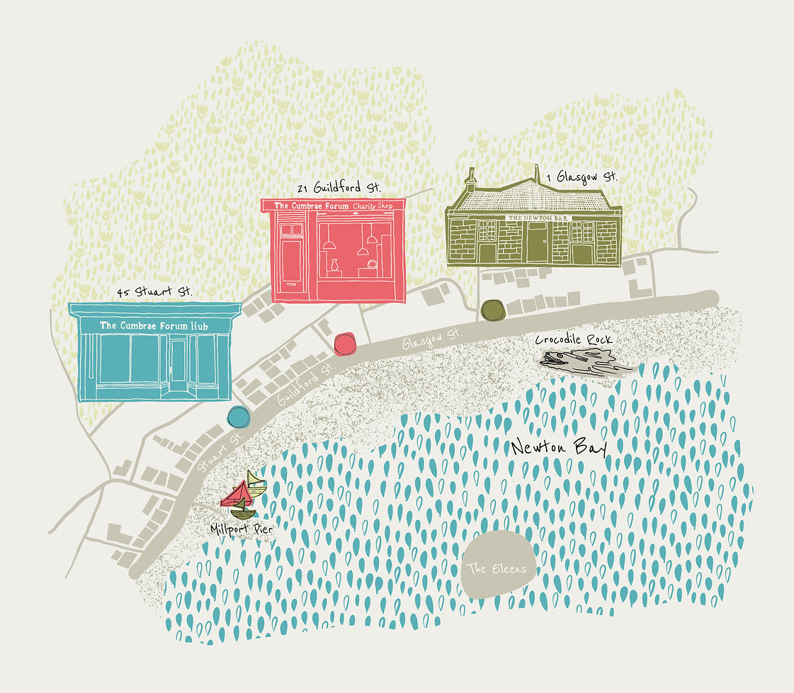 A hand drawn line illustration of a map showing the Cumbrae Forum Hub, charity shop and the Newton Bar