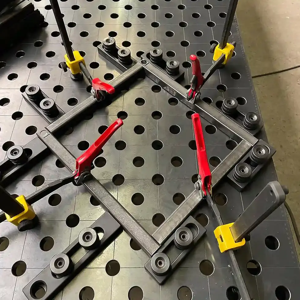 Modular welding table with 28mm hole grid for precision metal fabrication Canada