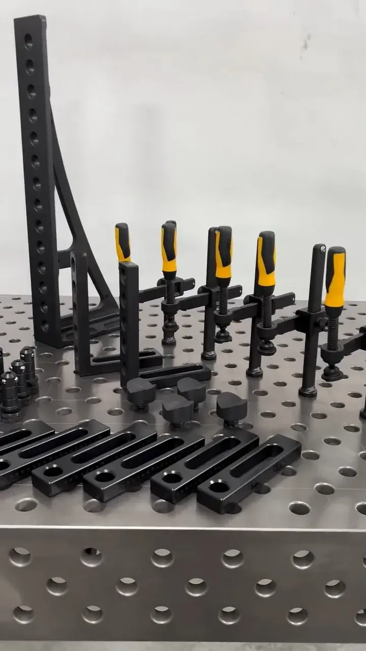 Welding table clamps locating pins stops and fixture accessories