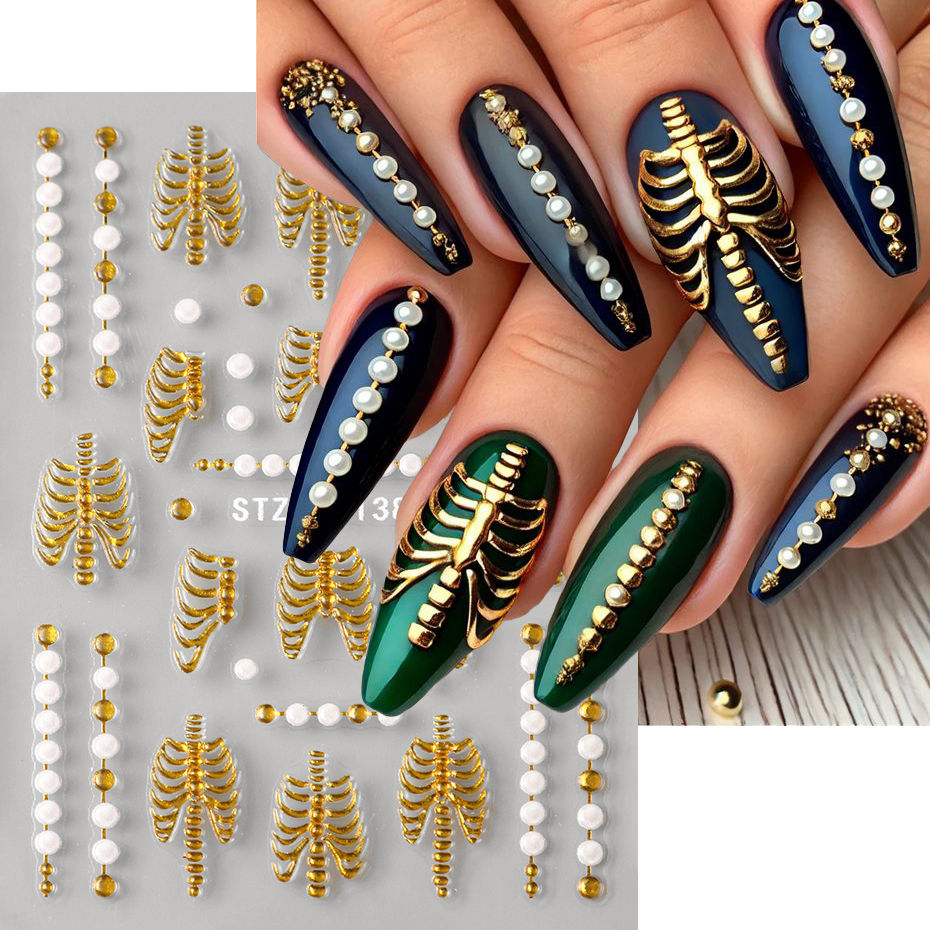 Miniatura: 2pcs Rose Gold Skeleton Flower Nail Stickers Decals Halloween Y2K Design Charms 