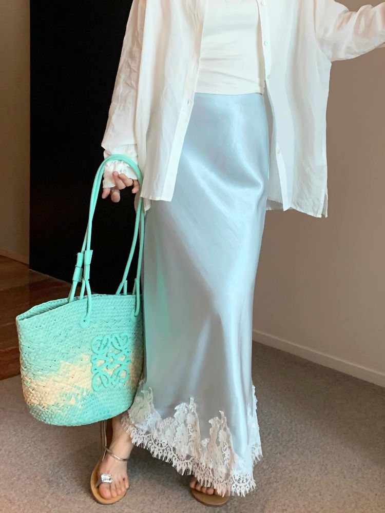 Thumbnail: Elegant Long Skirts for Women Summer High Waist Lace Satin Skirt Women's A-line 