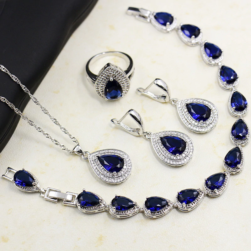 Thumbnail: Bigiotteria,  925 Jewellery Set Water Drop Sapphire Gemstones Zircon