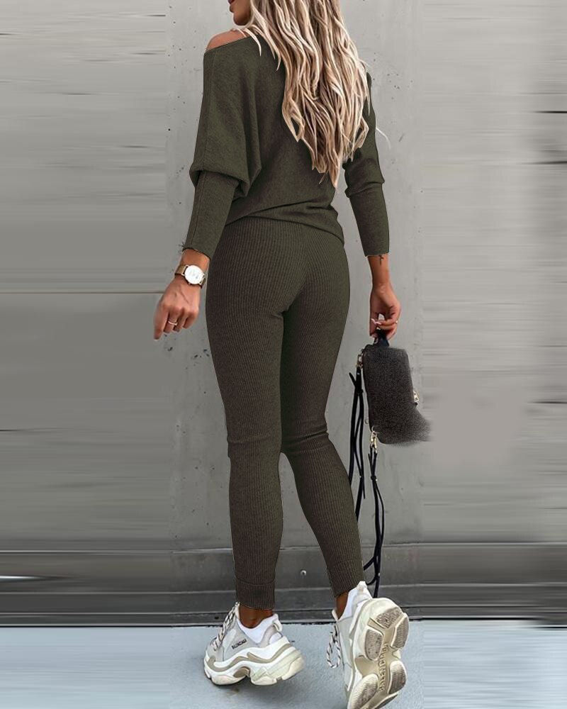 Thumbnail: 2020 Sportswear Women Fashion Casual Solid Fit One Shoulder Top Long Pants Set