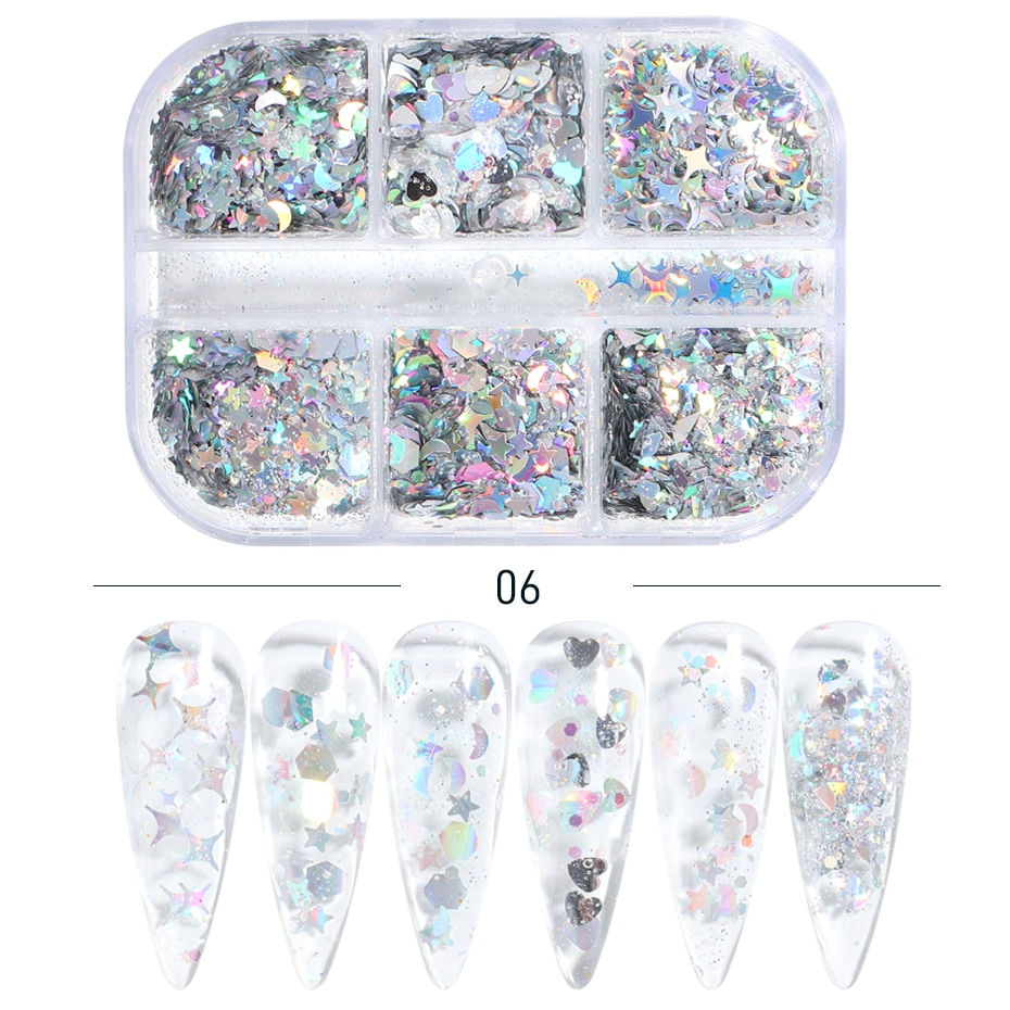 Miniatura: 6 pzzi Nail Glitter Set Holographic Mirror Hexagon Sequin Flakes Nails Art