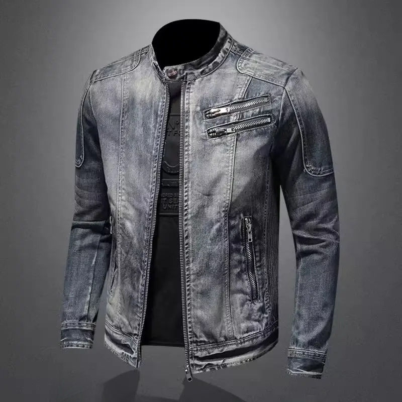 Thumbnail: Trendy Stand Collar Zip-Uplapel Motorcycle Denim Jacket Unique Vintage Sports To