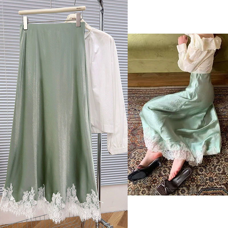 Miniatura: Elegant Long Skirts for Women Summer High Waist Lace Satin Skirt Women A-line Ko