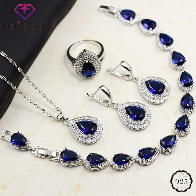 Bigiotteria, 925 Jewellery Set Water Drop Sapphire Gemstones Zircon