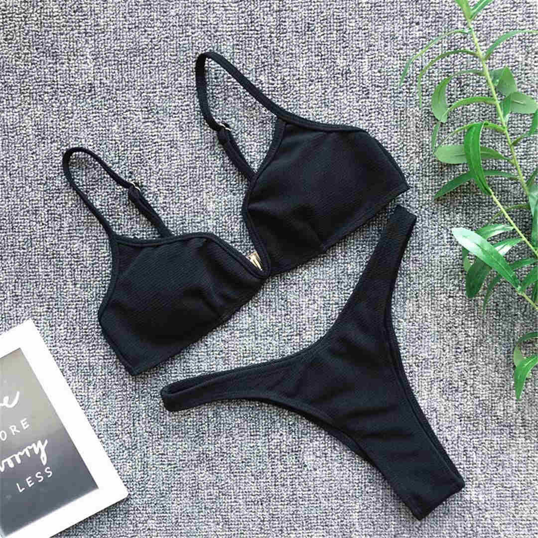 5 Color Ribbed Thong v Shape Bikini 2020 Women Swimwear Swimsuit Female Two-Piec