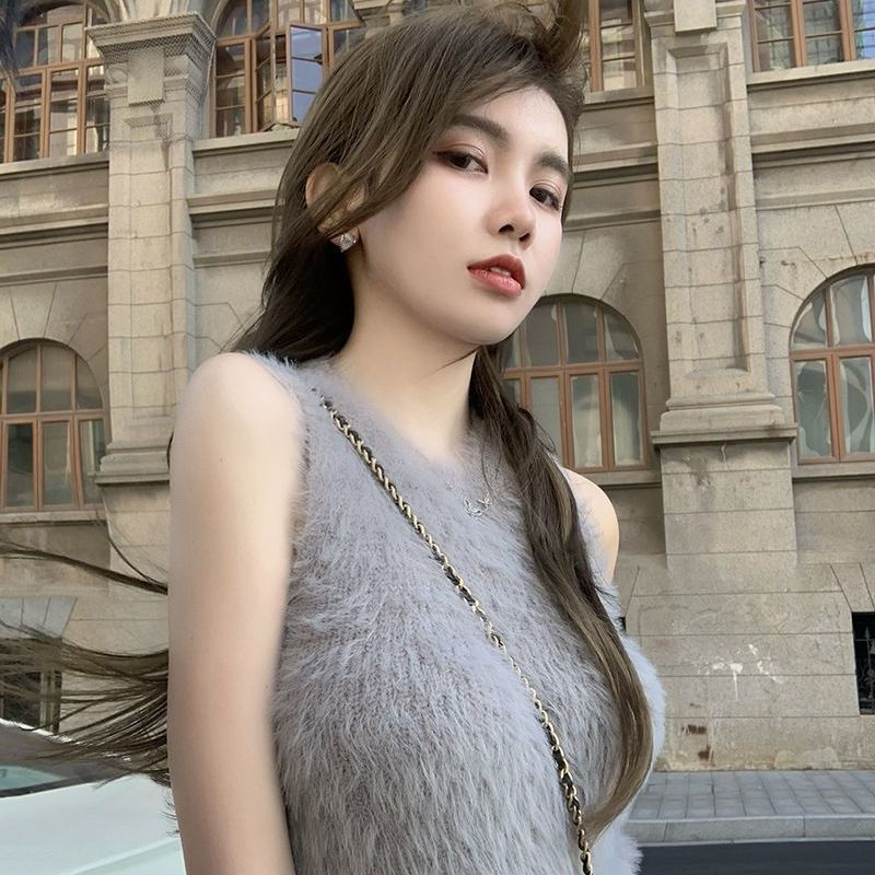 Miniatura: Sexy Faux Fur Crop Tops Women Vintage Y2k Clothes Knitted Tank Top Sleeveless Pu