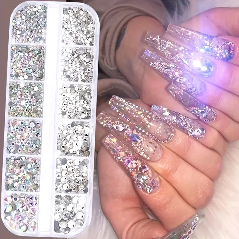 Miniaturbild: Boxed 3D Flat Back Nail Rhinestones Nail Gems Glass AB & Clear Crystal Rhineston