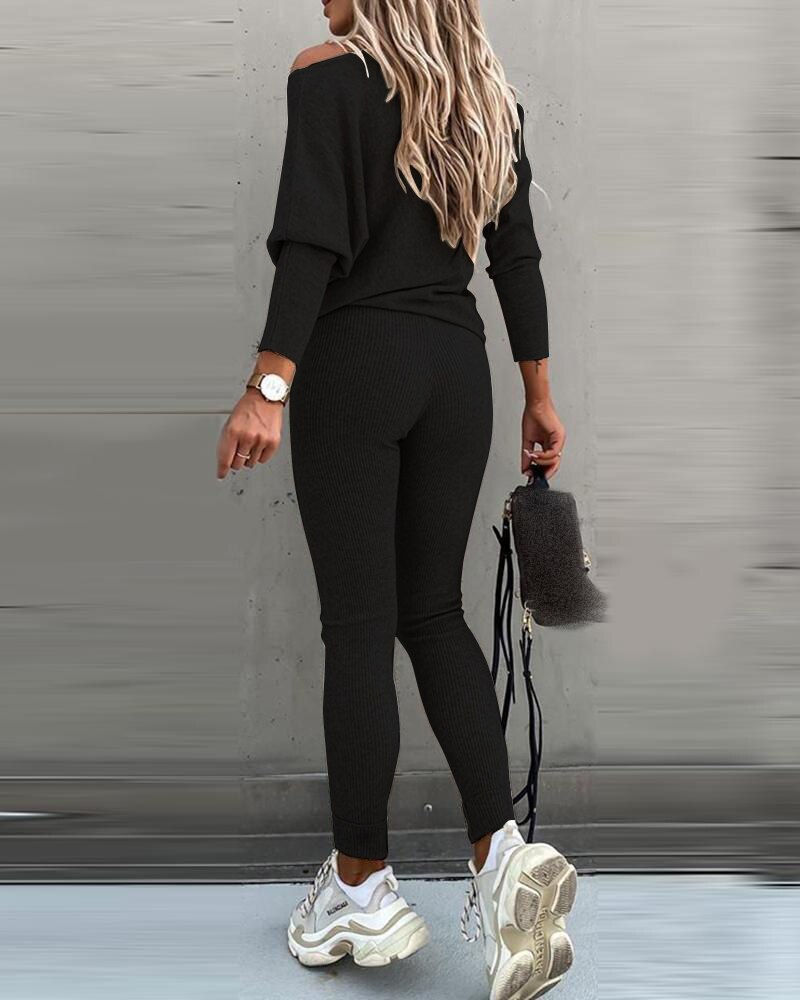 Thumbnail: 2020 Sportswear Women Fashion Casual Solid Fit One Shoulder Top Long Pants Set