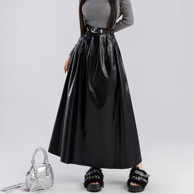 Miniatura: Seoulish 2024 Autumn Winter Women's Long Skirts Vintage High Waist PU Leather Of