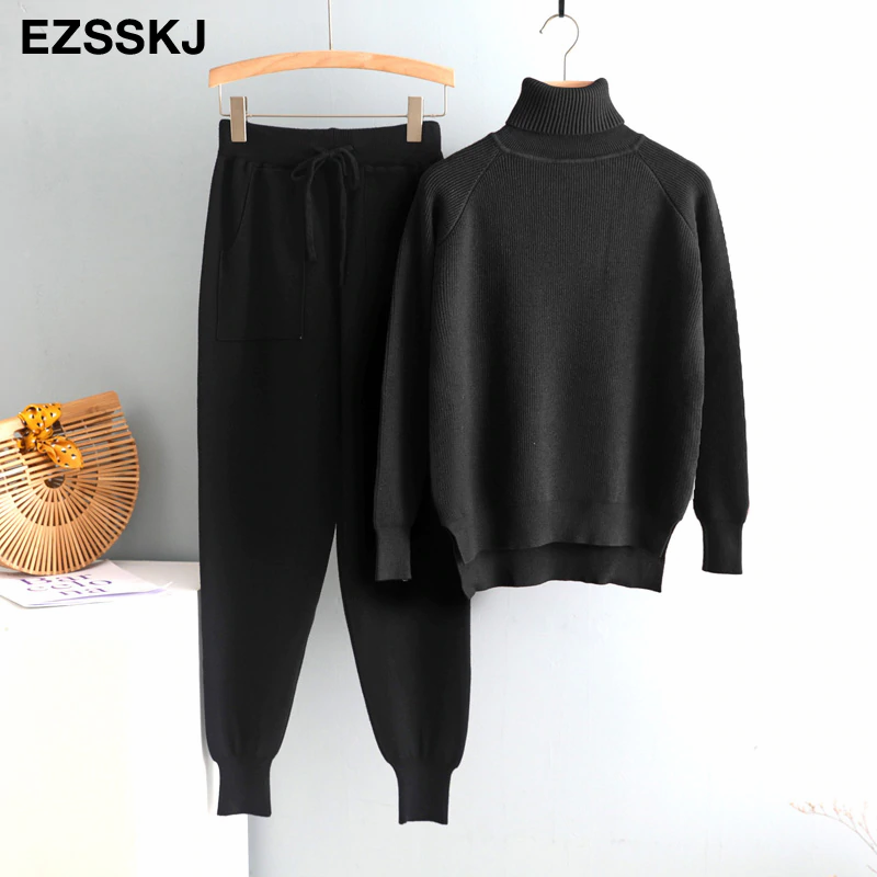 Miniatura: 2020 2 Pieces Set Women Knitted Tracksuit Turtleneck Sweater +  Pants
