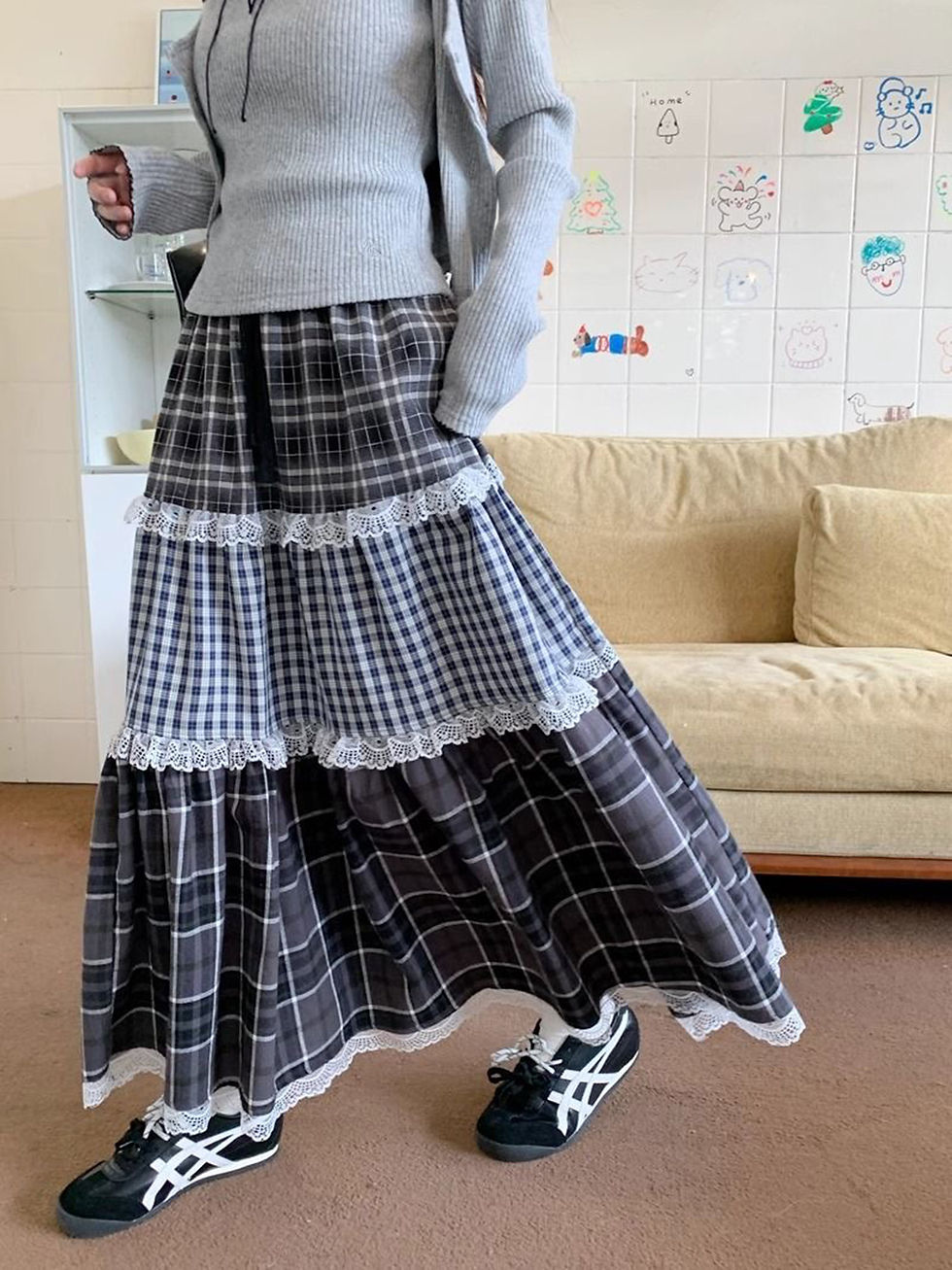 Thumbnail: Long Skirt for Women's Patchwork Lace Plaid Jupe 2025 Faldas Mujer High Waist Lo