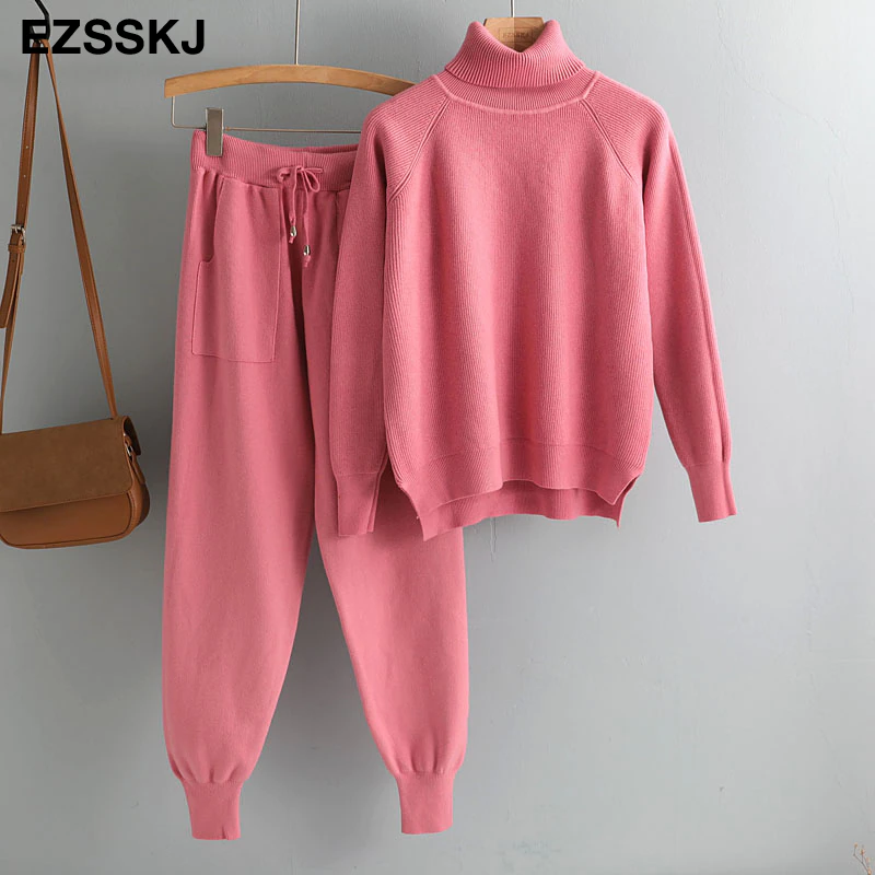 Miniatura: 2020 2 Pieces Set Women Knitted Tracksuit Turtleneck Sweater +  Pants