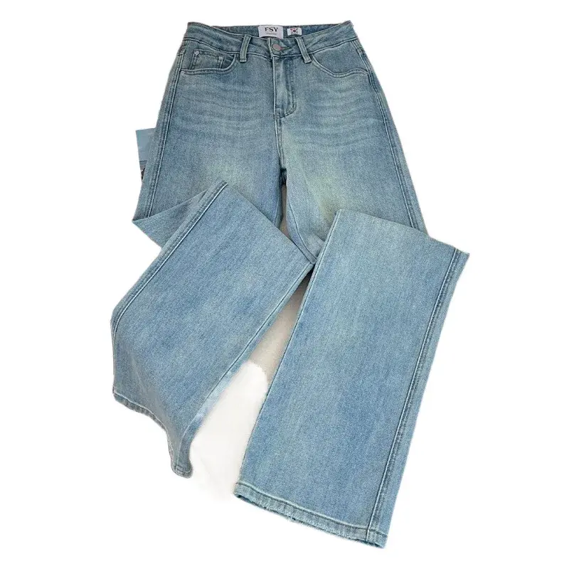 Miniatura: High Waist Slimming Loose Fit Light Blue Straight Leg Denim Jeans Women's Elasti