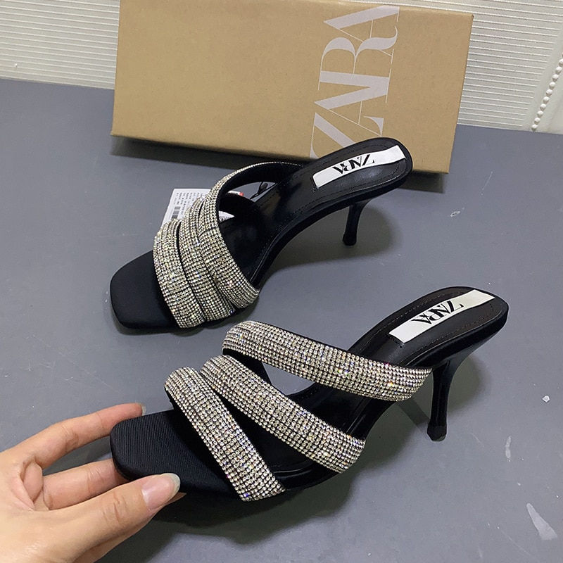 Miniaturbild: Scarpe da Donna / Summer New Fashion Black Rhinestone High Heels Square Toe Open