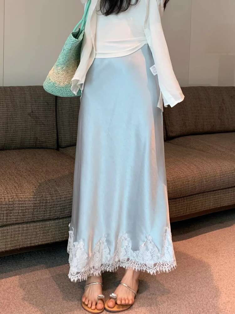 Miniatura: Elegant Long Skirts for Women Summer High Waist Lace Satin Skirt Women A-line Ko
