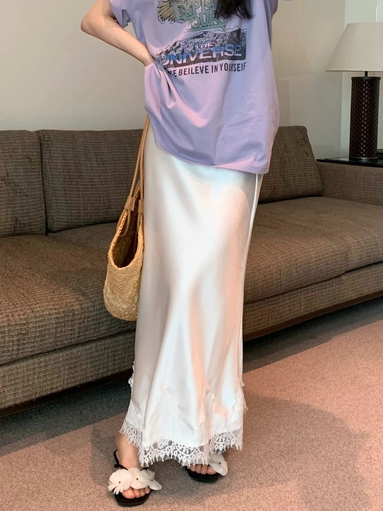 Elegant Long Skirts for Women Summer High Waist Lace Satin Skirt Women's A-line