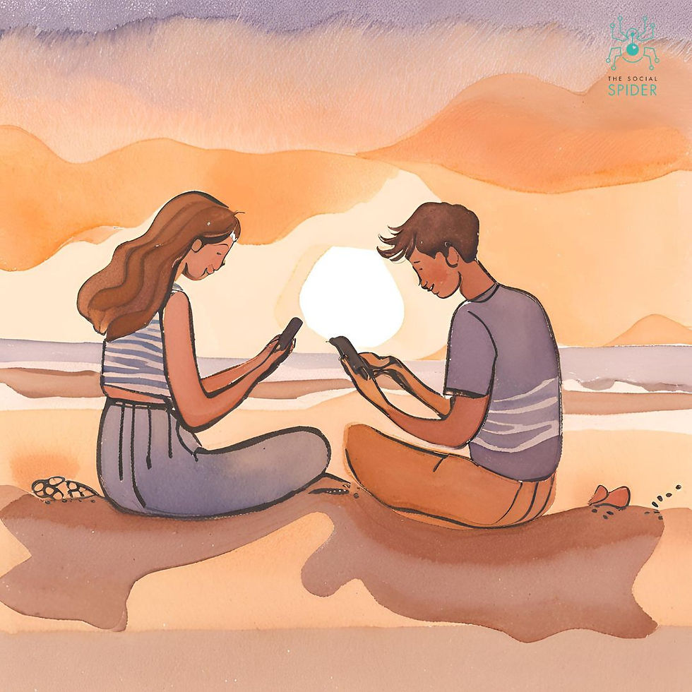 A generation X couple looking at phones while sitting on the beach. Blog about communicating with each generation effectively.