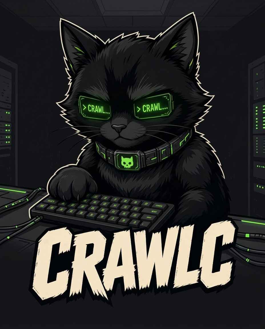 Digital illustration of a black cat hacker wearing futuristic glasses at a keyboard. The image conveys a theme of coding or data crawling.