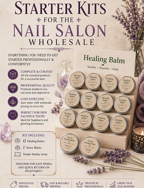 Handcrafted herbal skincare wholesale starter kit designed for nail salons and beauty professionals