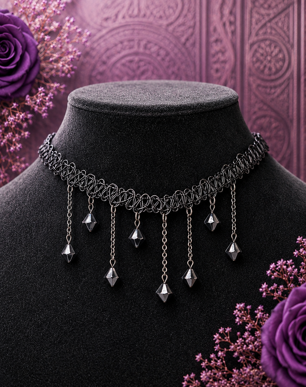 Thumbnail: Vintage Charm Choker Necklace – Fabric Choker with Decorative Brooch Pendant