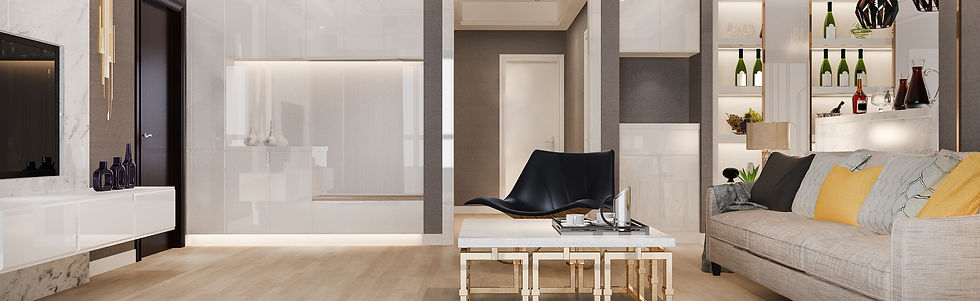 Modern interior design with custom furnishings and layered lighting