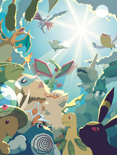 Digital illustration of Pokemon Fan Art showing Umbreon, Breloom, Poliwhirl, Bayleef, Arcanine, Mamoswine, Onix and others. Created in Adobe Illustrator