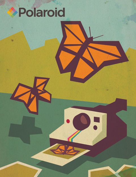 Retro Polaroid ad with design of a butterfly coming to life from a photograph. Created in Adobe Illustrator