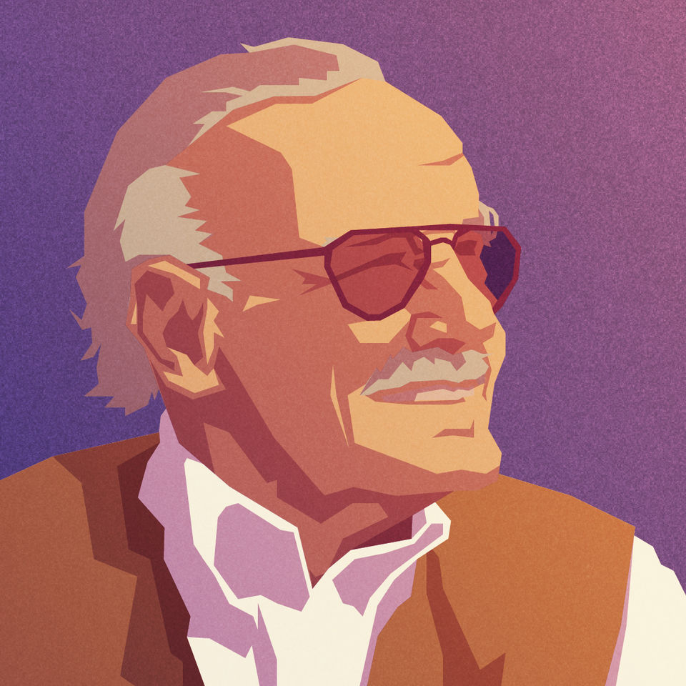 Illustrated digital portrait of Stan Lee of Marvel. Created in Adobe Illustrator