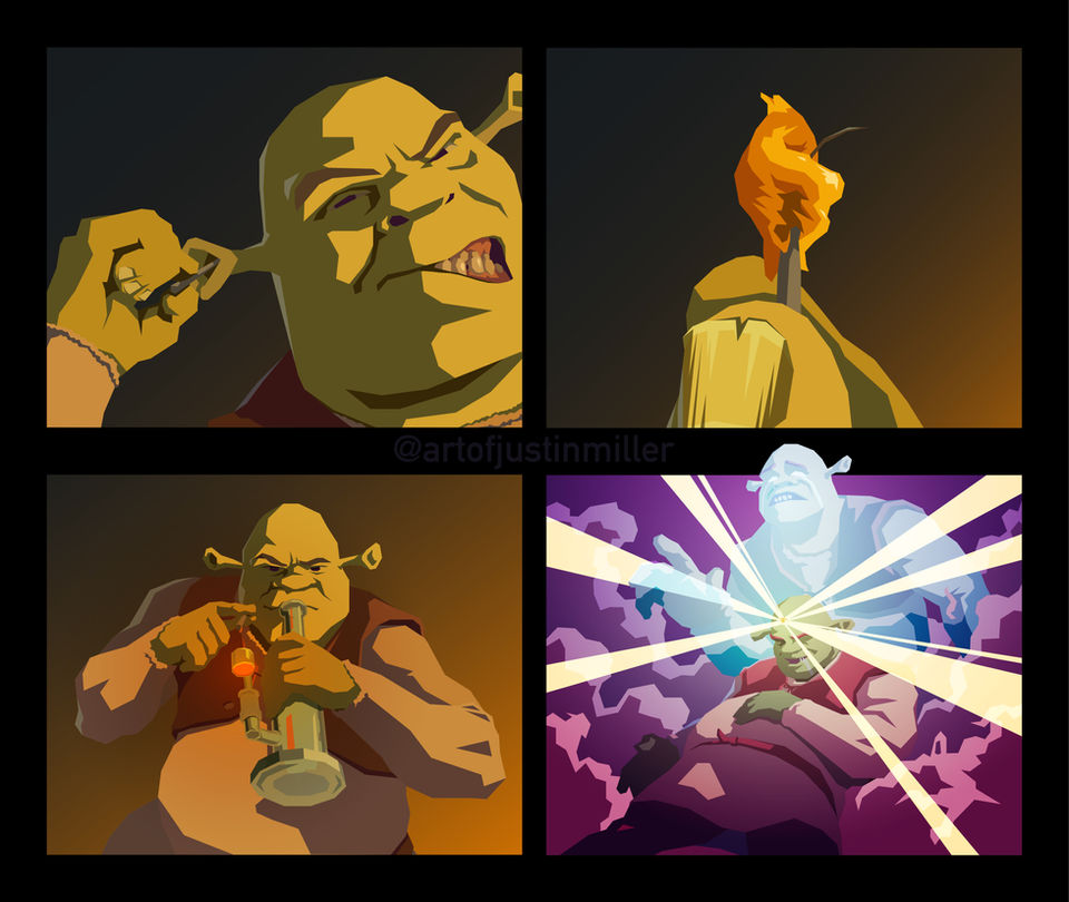 Digital comic Illustration where Shrek uses his earwax as a dab. Created in Adobe Illustrator