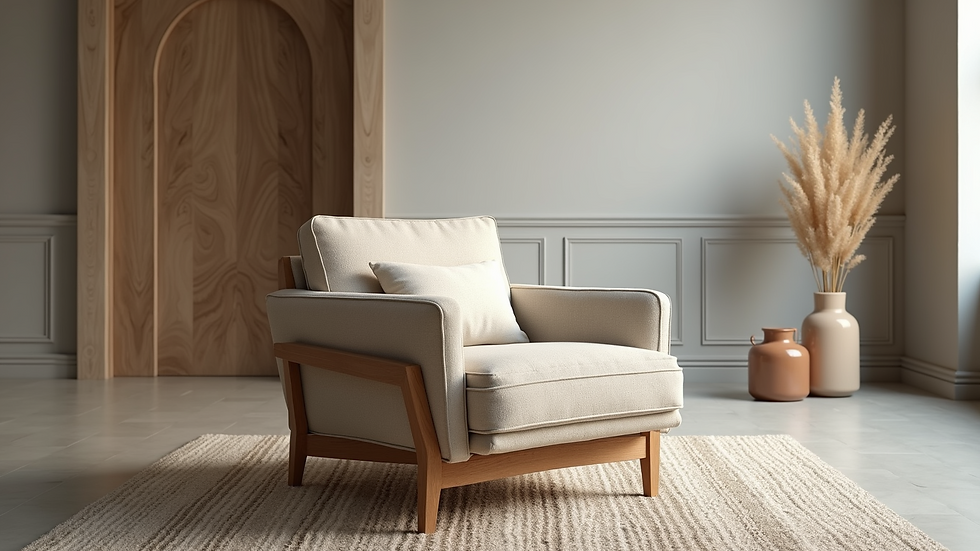 High angle view of a minimalist lounge chair with wool cushions