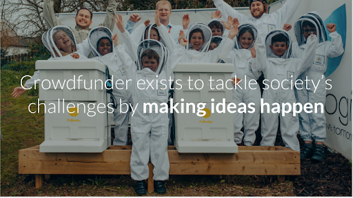 Image of children learning about bee-keeping with caption 'Crowdfunder exists to tackle society's challenges by making ideas happen.