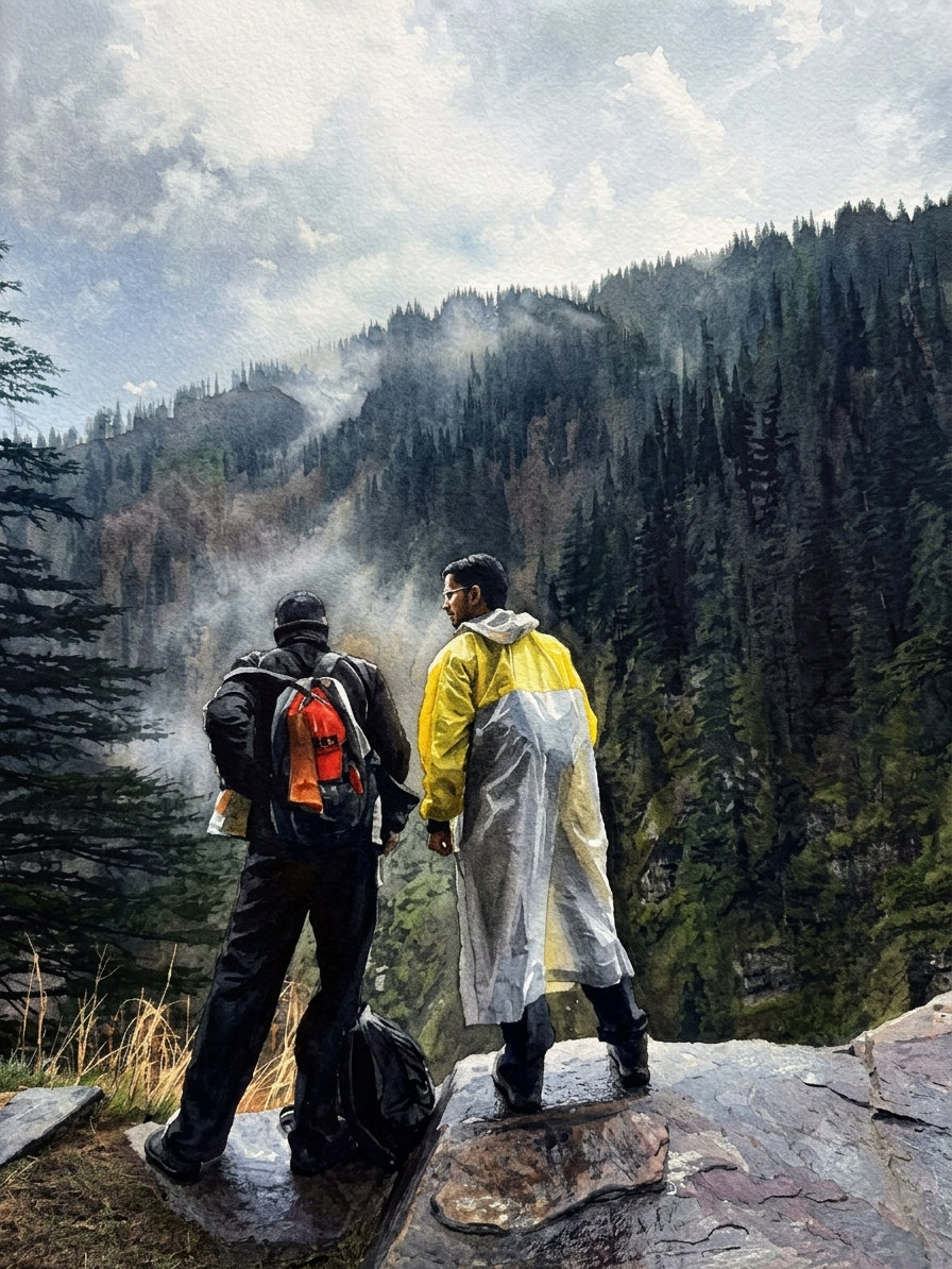 Two Swakaash hikers in rain gear stand on a rocky cliff overlooking misty pine-covered mountains and a cloudy sky.