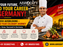 Chef in white uniform in a kitchen setting. Text: "Cook Your Future, Build Your Career in Germany! Koch Ausbildung – A 3-Year Culinary Journey". Contact info below.