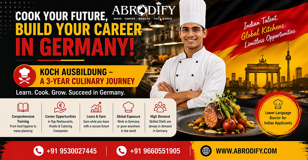 Chef in white uniform in a kitchen setting. Text: "Cook Your Future, Build Your Career in Germany! Koch Ausbildung – A 3-Year Culinary Journey". Contact info below.