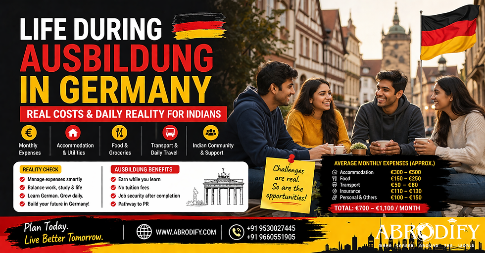 Young people smiling over coffee in a quaint German street. Text highlights living costs and Ausbildung benefits in Germany for Indians.