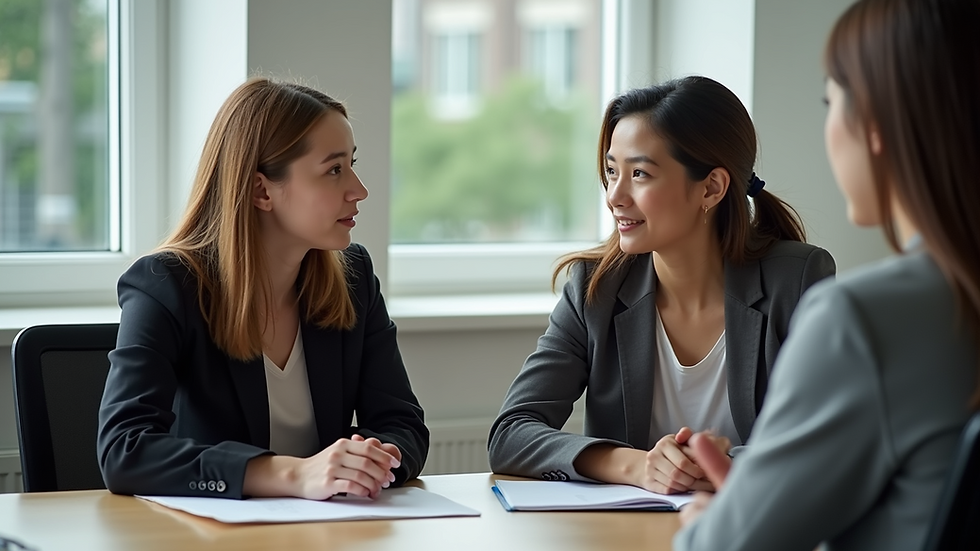 Eye-level view of a student advisor explaining university options to a young woman