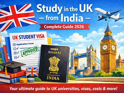 UK study guide image featuring UK flag, student visa, Indian passport, books, and Big Ben. Text: "Study in the UK from India, 2026." Abrodify study abroad consultants in jaipur.