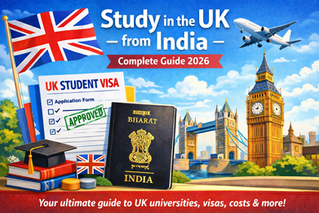 UK study guide image featuring UK flag, student visa, Indian passport, books, and Big Ben. Text: "Study in the UK from India, 2026." Abrodify study abroad consultants in jaipur.