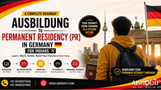 Person in yellow jacket with backpack facing Berlin's Brandenburg Gate at sunset. Text promotes Ausbildung to PR in Germany for Indians.