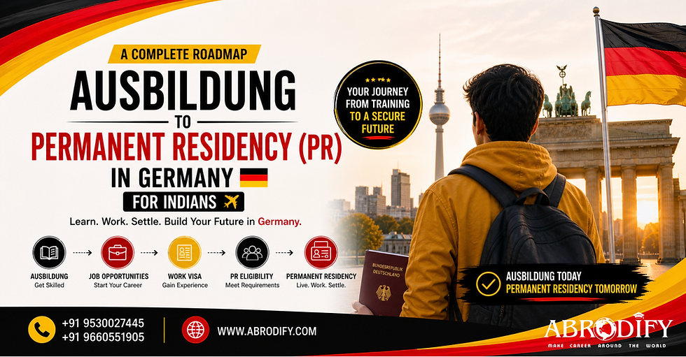 Person in yellow jacket with backpack facing Berlin's Brandenburg Gate at sunset. Text promotes Ausbildung to PR in Germany for Indians.