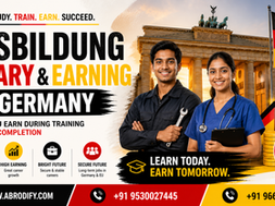 Two professionals in front of Brandenburg Gate, Germany flag, with text: Ausbildung in Germany. Ads highlight earnings and career prospects.
