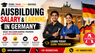 Two professionals in front of Brandenburg Gate, Germany flag, with text: Ausbildung in Germany. Ads highlight earnings and career prospects.