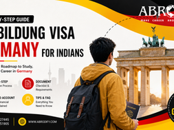 Person in yellow jacket with backpack, holding a passport, faces Brandenburg Gate. Text: "AUSBILDUNG VISA GERMANY FOR INDIANS." German flag colors.