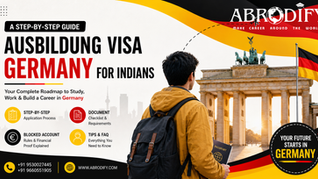 Person in yellow jacket with backpack, holding a passport, faces Brandenburg Gate. Text: "AUSBILDUNG VISA GERMANY FOR INDIANS." German flag colors.