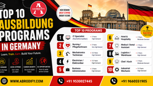 Promotional banner showing the top 10 Ausbildung programs in Germany for international students, featuring the German flag, Reichstag building, and a list of high-demand vocational courses including IT Specialist, Nursing, Mechatronics, Electrician, Business Administration, Hospitality, Medical Assistant, Logistics, Chef, and Industrial Mechanic, with Abrodify website and contact numbers displayed.
