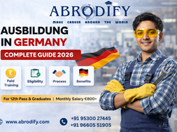 Colorful blog cover image about Ausbildung in Germany showing a student with a backpack and laptop in front of a German cityscape. The design highlights “Ausbildung in Germany – Earn While You Learn” and includes key details like paid training, ideal for 12th pass students and graduates, and German language requirement (B1/B2). The image visually communicates that it is a vocational training program combining work and study in Germany.